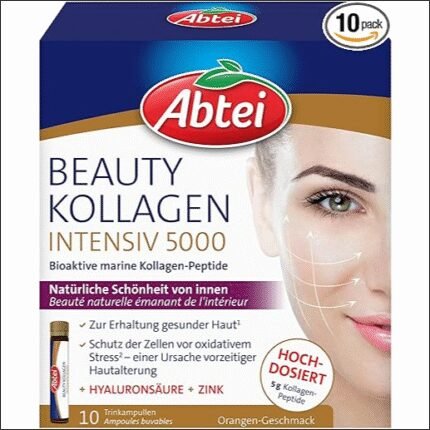 Loss of skin elasticity – Abtei Beauty Collagen Intensive 5000 – Drinkable Beauty – High Dosage – with 5 g Collagen Peptides, Hyaluronic Acid, Zinc, Vitamin C – 10 Drinking Ampoules