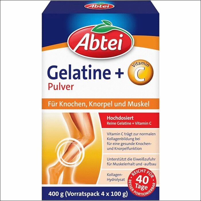 Joint pain and stiffness – Abtei Gelatin Powder Plus - Pure Gelatin and Vitamin C for Bones, Cartilage and Muscles - High Dose - 400 g (4 x 100 g) - Supply Pack for 40 Days