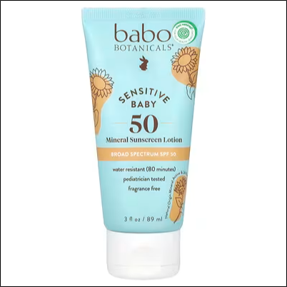 Sunburn and UV damage on delicate baby skin - Babo Botanicals, For Baby Skin, Mineral Sunscreen Lotion, SPF 50, 3.5 fl oz (89 ml)