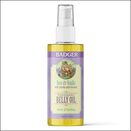 Stretch marks during pregnancy - Badger Pregnant Belly Oil, Organic Stretch Mark Oil Soothes & Prevents Stretch Marks, Vegan Hypoallergenic Non-Greasy w/Jojoba, Coconut, Rose & Vanilla, 4 fl oz Glass Bottle