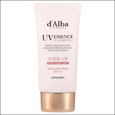 Tono de piel desigual y opaco – d'Alba, UV Essence Waterfull + Sunscreen, Pink Tone Corrector, SPF 50+, 50 ml (1.69 fl oz)