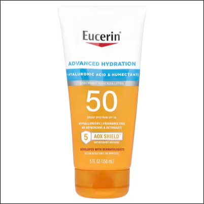 Sunburn and UV-induced skin damage - Eucerin, Advanced Hydration, Lightweight Sunscreen Lotion, SPF 50, Fragrance Free, 5 fl oz (150 ml)