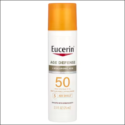 Premature skin aging from UV exposure - Eucerin, Age Defense, Light Sunscreen Facial Lotion, SPF 50, Fragrance Free, 2.5 fl oz (75 ml)