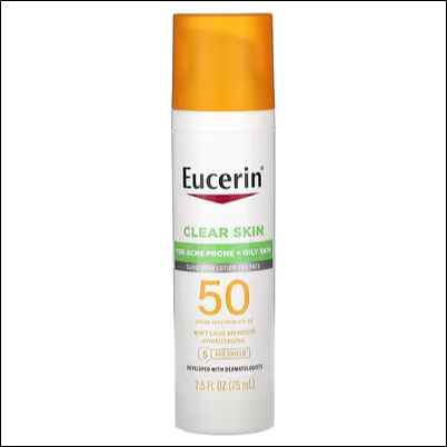 Breakouts caused by greasy or pore-clogging sunscreens - Eucerin, Clear Skin, Lightweight Sunscreen Facial Lotion, SPF 50, Fragrance Free, 2.5 fl oz (75 ml)
