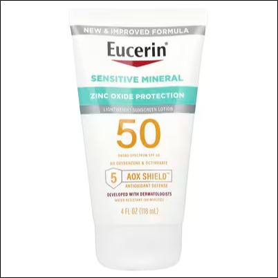 Sunburn and UV damage - Eucerin, Sensitive Mineral, Light Sunscreen Lotion, SPF 50, Fragrance Free, 4 fl oz (118 ml)
