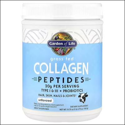 Skin aging and loss of elasticity - Garden of Life, Grass Fed Collagen Peptides, Unflavored, 19.75 oz (560 g)