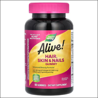 Weak and brittle hair - Nature's Way, Alive!, Healthy Hair, Skin & Nails Gummies, Strawberry Flavor, 60 Gummies