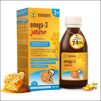 Supports brain development in children - Omega-3 Junior Sirup, 74 % honigbasiert - 143 g Honig in der Flasche, ausgezeichneter Geschmack, 250 mg DHA, 50 mg EPA,140 ml
