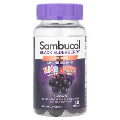 Weakened immune system in children - Sambucol, Children's Black Elderberry Gummies + Vitamin C & Zinc, Ages 2+, 30 Gummies