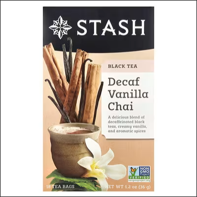 Need for a flavorful chai tea without caffeine - Stash Tea, Black Tea, Vanilla Chai, Decaffeinated, 18 Tea Bags, 1.2 oz (36 g)